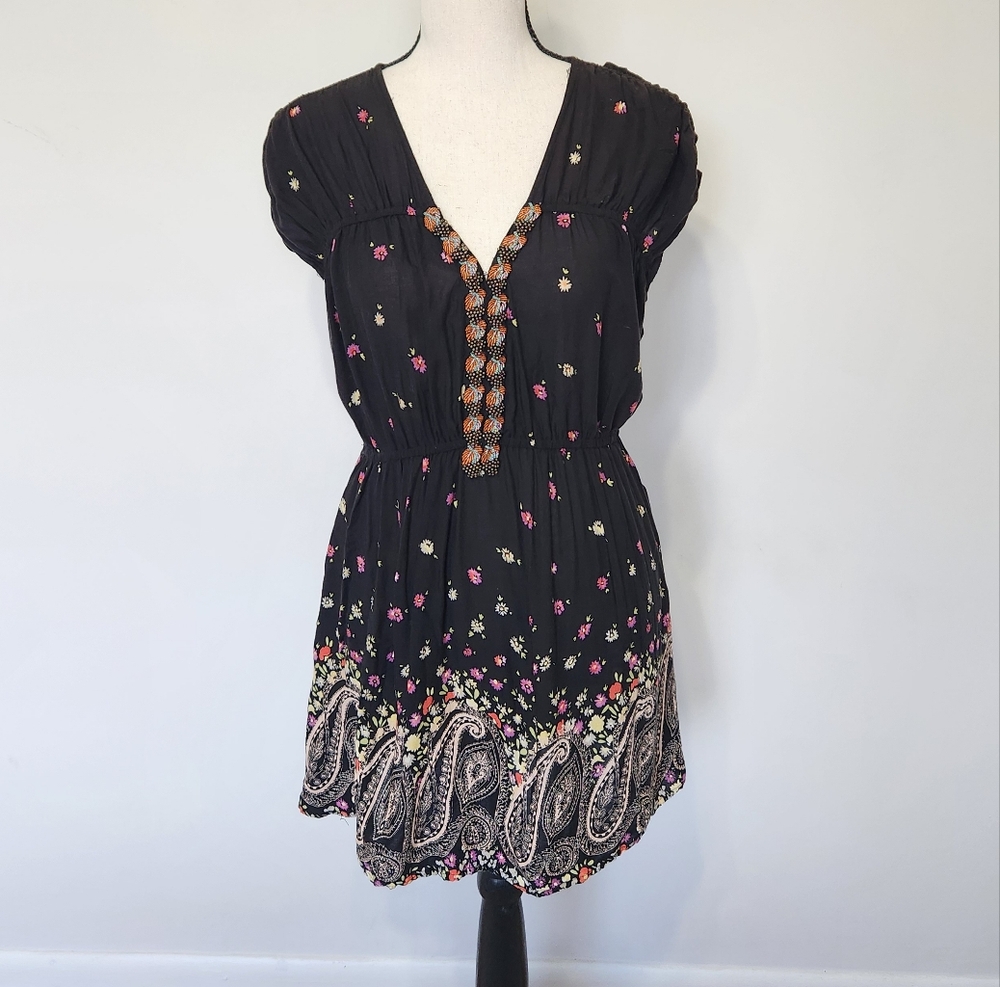 Free People Boho Beaded V-neck Floral Paisley Tunic Mini Dress Black Y2k M